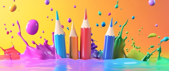 Poster - Colorful pencils in vibrant paint splash.