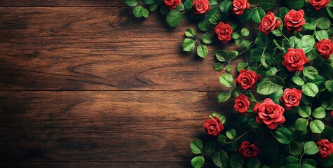 Leinwandbilder - Red roses and green leaves on dark brown wooden background.