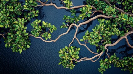 Aufkleber - Lush green tree branches extending over dark blue water, viewed from above.