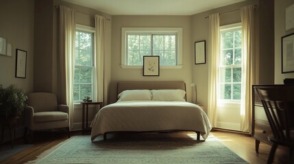 Aufkleber - Sunlit bedroom with large windows, bed, chair, and hardwood floors.