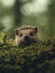 Poster - Adorable hedgehog peeking from lush green moss in a forest.