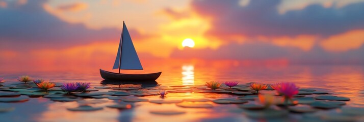 Aufkleber - Sailboat at sunset on calm water with water lilies.