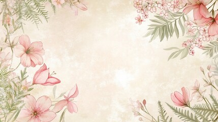 Aufkleber - Delicate pink floral frame on beige textured background.