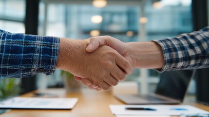 Wall Mural - mid-shot of handshake during collaboration deal at office desk..