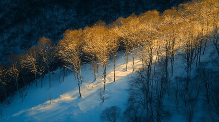 Aufkleber - Aerial view of golden trees in snowy landscape at sunset.