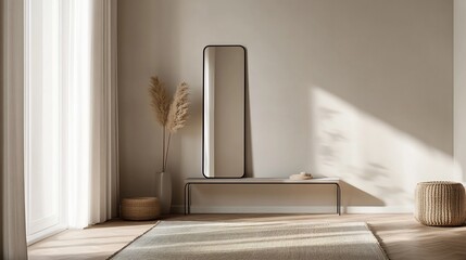 Poster - Minimalist interior design with full-length mirror, bench, pampas grass, and rug.