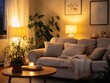 © Babycrab - Cozy living room at night with warm lighting, comfortable sofa, plants, and candles.
