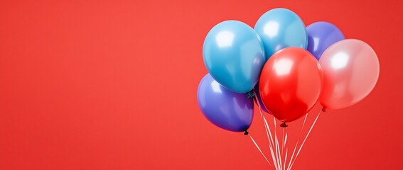 Poster - Colorful balloons bunch on red background.