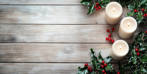 Poster - Three lit candles with holly and berries on rustic wooden surface.