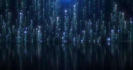 Wall Mural - streams of particles with sparkling spray plumes upwards. mirror reflection from the floor. abstract