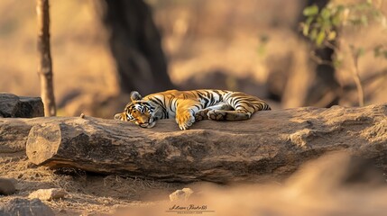 Aufkleber - Adorable tiger cub naps peacefully on a log in a sun-drenched forest clearing.