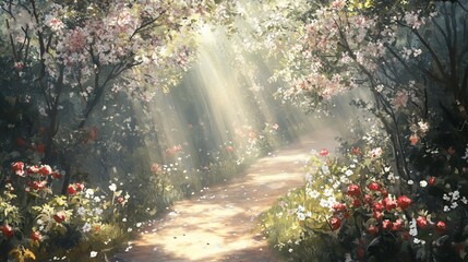 Poster - Sunlit path through blooming spring forest with flowers and trees.