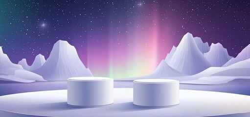 Aufkleber - Two white podiums in a snowy, mountainous landscape under a vibrant aurora borealis.