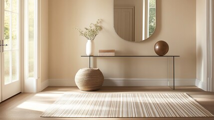 Aufkleber - Modern minimalist entryway with beige rug, glass console table, woven basket, and oval mirror.