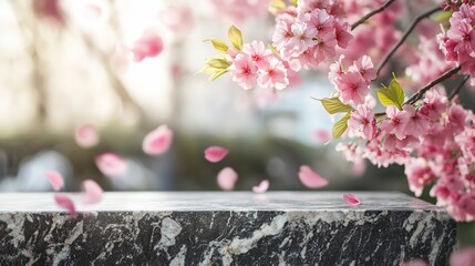 Poster - Pink cherry blossoms falling on a marble table against a blurred background.