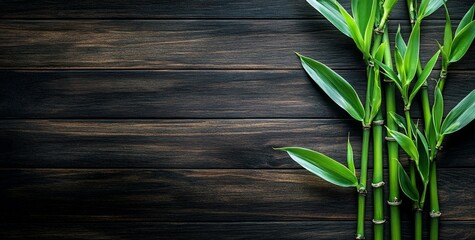 Aufkleber - Lush green bamboo stalks on dark wood background.