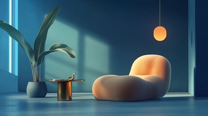 Aufkleber - Sunlit minimalist room with plush chair, plant, and side table.