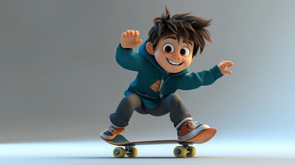 Leinwandbilder - Joyful cartoon boy skateboarding, 3D render.