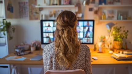 Wall Mural - over-the-shoulder view of businesswoman leading virtual collaboration in stylish home office..
