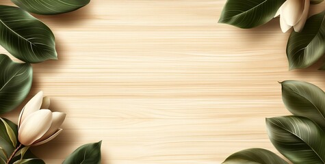 Leinwandbilder - Wooden background with magnolia flowers and leaves border.