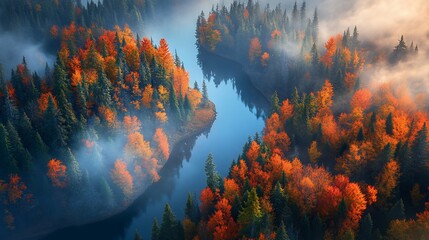 Poster - Aerial view of a misty autumn forest with a river reflecting the colorful trees.