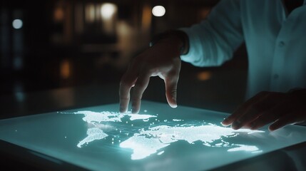 Fototapete - Person's hands interacting with a glowing world map projected onto a digital table.