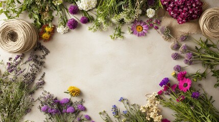 Aufkleber - Colorful wildflowers and twine arranged on a beige background, creating a frame with copy space in the center.
