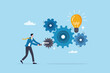 © Nuthawut - System development, innovation to get idea, solution or improvement, efficiency, effort or working progress, automation concept, businessman turning cogwheel to help system get new lightbulb idea.