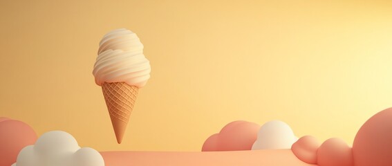 Poster - Creamy vanilla ice cream cone floats above pastel clouds against a yellow backdrop.