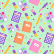 © Kidzkamba - Vector pattern with colorful school items. Pastel stationery scattered on light mint background in playful design.