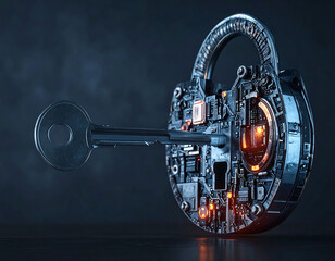 futuristic tech padlock and key. abstract cyber security concept, dark background. great for digital