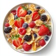 © Chon.Design - Assorted Fresh Fruit and Cereal Breakfast in White Bowl with Strawberries Raspberries Blueberries Blackberries and Cornflakes Close-Up