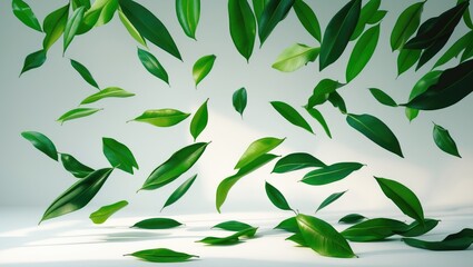 Wall Mural - falling green tropical leaves set on a background.