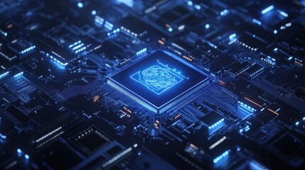 Illuminated central processing unit on a circuit board.  Blue glow, intricate detail