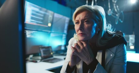 Leinwandbilder - Thinking, reading and woman in cybersecurity with computer for network traffic, system update and overtime. CISO, night and mature person in office for software installation and data breach solution