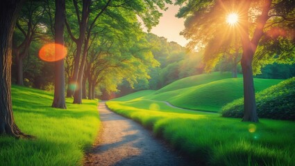 Wall Mural - a bright day in the park where sunlight brightens the green grass and trees.