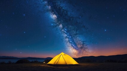 Wall Mural - brightly lit tent against a starry dark blue night sky