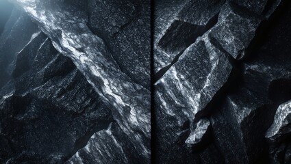 Poster - a close-up view of a rock formation, revealing its rough texture and dark shades with light accents