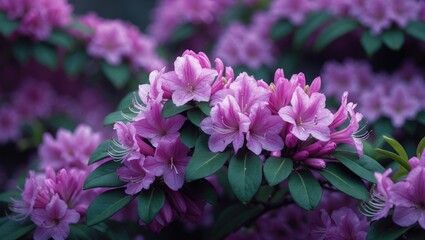 Wall Mural - closeup of radiant violet azaleas in full bloom. horizontal capture of purple rhododendron flowers.