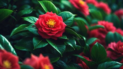 Wall Mural - in a lively garden, a striking red camellia flower blooms among dark green foliage, capturing admira