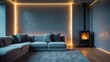 © AkuAku - Ample grey sitting room equipped with a big sofa and fireplace