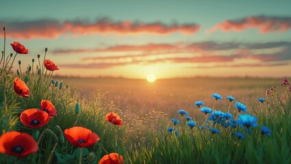 Wall Mural - Breathtaking sunrise scenery featuring blooming red poppies against the sun and azure sky.