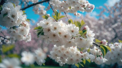 Wall Mural - the garden is alive with the vibrant beauty of blooming white cherry tree flowers and their soft, de