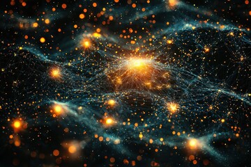 Wall Mural - abstract cosmic network with glowing particles and interconnected lines in a dark space background
