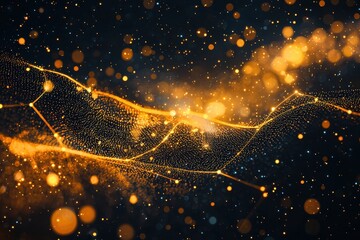 Wall Mural - abstract golden particle wave with glowing lights and bokeh effect in a dark background