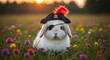 © budi - Adorable White Lop Eared Bunny in Pirate Costume Posing in a Vibrant Wildflower Meadow at Sunset