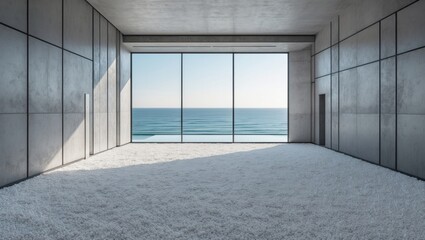 Wall Mural - a modern showroom with a sea view is depicted in an abstract interior style. white gravel adorns the