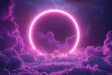 Wall Mural - neon pink circle glowing in dreamy cloudscape with starry night sky and ethereal atmosphere