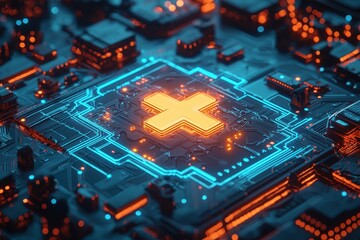 Wall Mural - futuristic circuit board with glowing neon elements and central x symbol in high-tech digital enviro