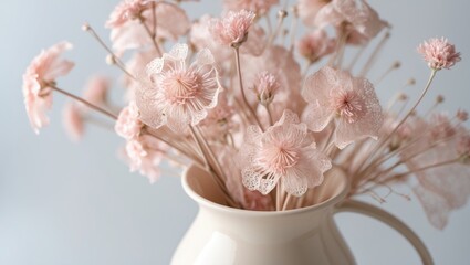 Wall Mural - close-up of pink dried flowers in a ceramic vase for decorative purposes, isolated on white.